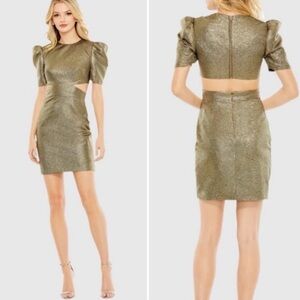 Ieena for Mac Duggal metallic puff sleeve cutout mini dress